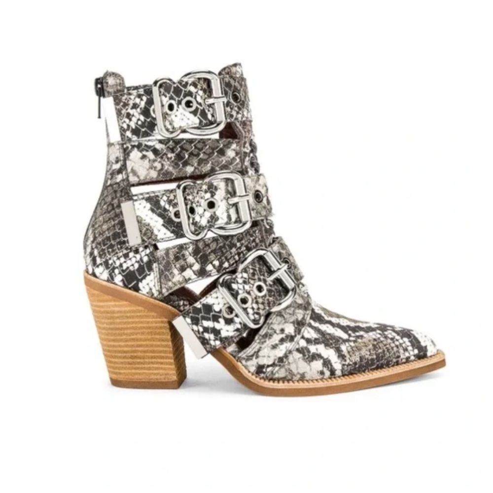 Jeffrey Campbell Black and White Heeled Boots with Snakeskin Print
